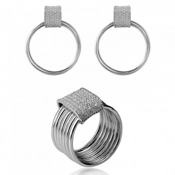 'Eleanor' Women's Sterling Silver Set: Earrings + Ring - Silver SET-7417