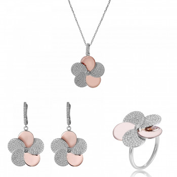 'Fioni' Women's Sterling Silver Set: Necklace + Earrings + Ring - Silver/Rose SET-7452