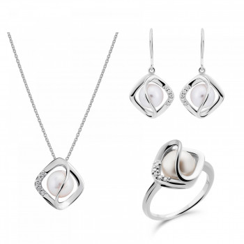 'Aina' Women's Sterling Silver Set: Necklace + Earrings + Ring - Silver SET-7471
